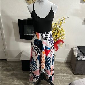 Black and Multicolor Leaf Print Dress